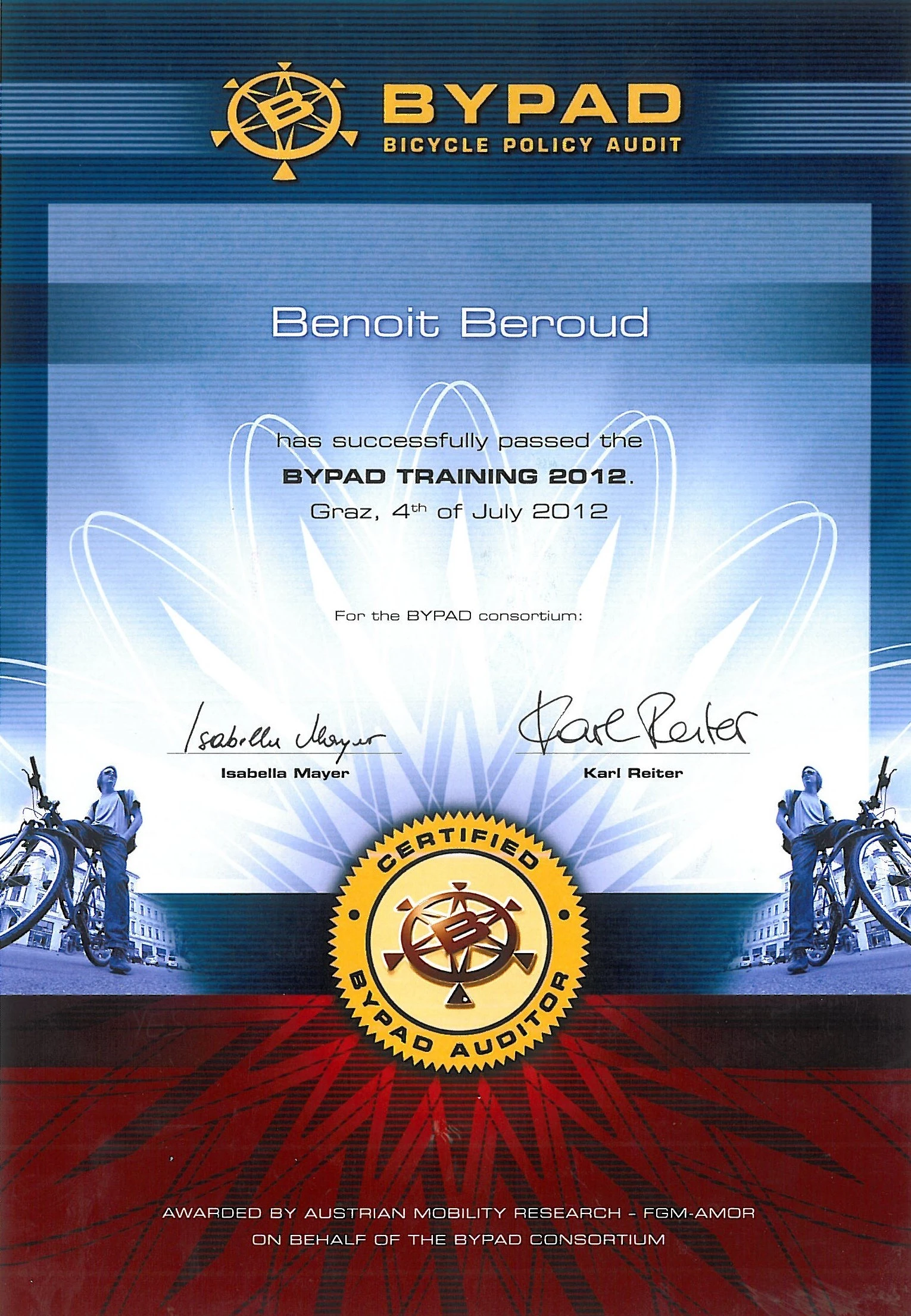 Certificat d'auditeur BYPAD de politique cyclable (FGM AMOR, 2012)