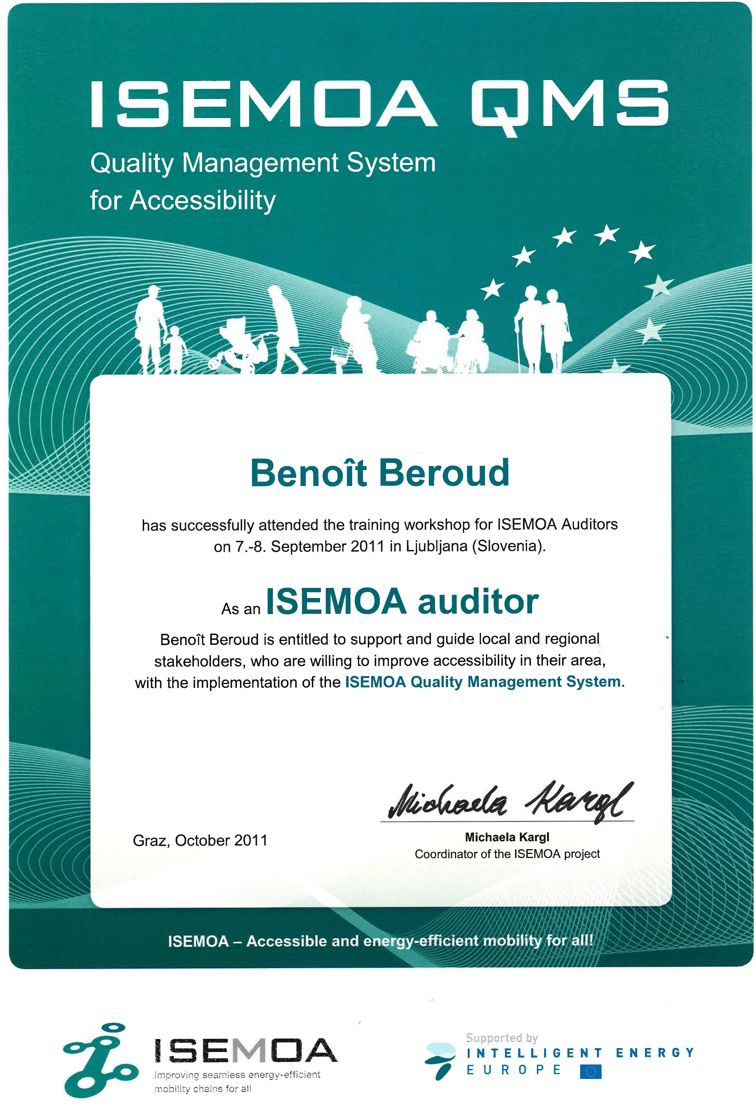 Certificado de auditor ISEMOA de política de accesibilidad al servicio de la movilidad sostenible (FGM AMOR, 2011)